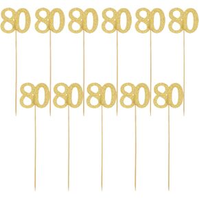 10 PCS 80th Birthday Decorations, Double Sided Glitter 80th Birthday Centerpiece Sticks, Gold Cake Vase Table Decoration Stick, 80th Birthday Cupcake Toppers, 80th Birthday Party Stuff