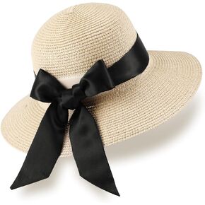 Summer Straw Hats for Women, Wide Brim Beach Hat, Boho Sun Hats with Detachable Silk Tie, Packable Travel Bucket Hat - UPF 50
