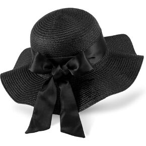 GNEGNI Straw Sun Hats for Women, Wide Brim Summer Beach Hat with Detachable Silk Tie, Foldable Floppy Hat - UV Sun Protection