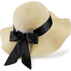 GNEGNI Straw Sun Hats for Women, Wide Brim Summer Beach Hat with Detachable Silk Tie, Foldable Floppy Hat - UV Sun Protection