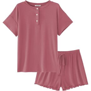 Ekouaer Womens Pajama Sets 2 Piece Cotton Pjs Short Sleeve Lounge Set Soft Comfy Sleepwear Loungewear S-XXL