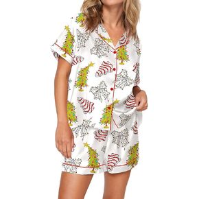Aonoapll Women Christmas Pajama Set Nutcracker Printed Short Sleeve Button Shirt and Shorts 2 Piece Lounge Set Sleepwear
