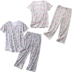 HOWINCO 2 Pack Womens Plus Size Pajama Sets Cotton Pj Set Summer Top With Capri Pants Sleepwear Lounge Set