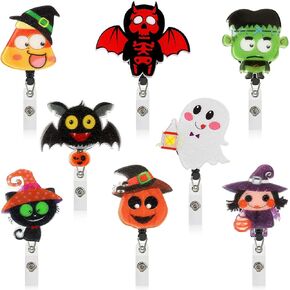 JANYUN 8 Pack Fall Thanksgiving Badge Reels Retractable, Nurse ID Badge Holder with Alligator Swivel Clip, Pumpkin Maple Leaf Turkey Holiday Badge Holder for Nurses Glitter Decorative Metal Clip