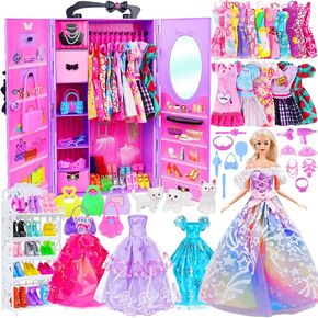 Girl Doll Clothes and Accessories Girl Doll Closet Wardrobe with Clothes, Dresses, Shoes and Other Girl Doll Stuff for 11.5 Inch Girl Doll Clothes as Gift Present for Girls (NOT Includ Doll)