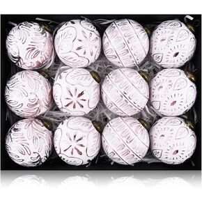Vintage Christmas Ornaments for Tree Decorations - Rustic Christmas Ball Ornaments Gold White for Indoor Holiday Xmas Decor - 80mm 3.15inch, Pack of 12