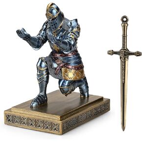 King's Guard Knight Pen Holder Pen Stand Desk Organizers and Accessories Resin Pencil Holder as Gift with a Metal Sword Letter Opener for Office and Home (Blue)