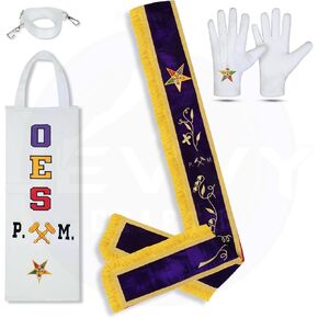 وشاح Masonic P.M - وشاح Masonic Regalia Freemason OES Past Matron المخملي مع حافظة وشاح OES الجلدية المطرزة مجانًا وقفازات قطنية