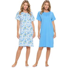 Casual Nights Women's Henley Nightshirts Set of 2, Floral Short Sleeve Nightgowns & Solid Sleepwear Shirt