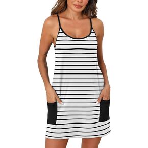 Women's Nightgowns Sleeveless Sleepwear Adjustable Spaghetti Strap Sleepshirt Racerback Pajama Dress with Pockets