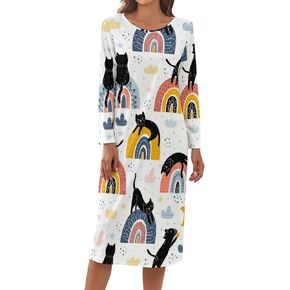 Nightgowns for Women's Long Sleeve Night Shirt Soft Sleepwear Cartoon Cat Print Night Dress