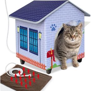 Heated Cat Houses for Indoor/Outdoor Cats with Large Elevated Heated Cat Bed Providing Safe Feral Cats, Easy to Assemble