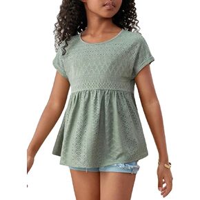 Girl's Ruffle Eyelet Round Neck Short Sleeve T Shirts Flowy Summer Tee Cute Tops
