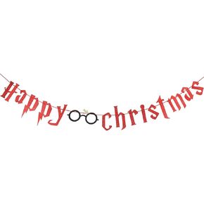 Red Glitter Happy Christmas Banner Happy Christmas Sign Merry Xmas Banner for Magical Wizard Themed Merry Christmas Decorations, Xmas Holiday Fireplace Mantle Home Decor