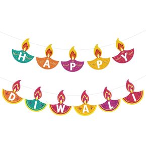 Whaline 2Pcs Happy Diwali Banner Colorful Diwali Garland Pre-Assembled Festival Hanging Banner Deepavali Party Decorations for Indian Themed Diwali Party Doorways Home Mantel Decor Supplies in Kuwait