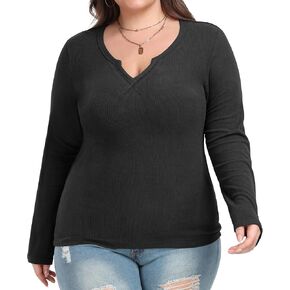 OLRIK Plus Size Long Sleeve Shirts for Women Ribbed Slim V Neck Basic Tops for Women