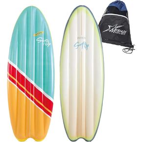Intex Surfboard Shaped Inflatable Pool Mattress 2-Pack: Vintage Hibiscus and High Wave with Drawstring Bag