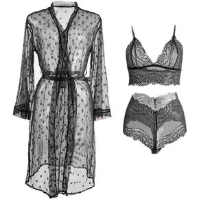 Women Sexy Lingerie Set 3 Piece Babydoll & Lace Kimono Robe Strap with Teddy Lingerie Bodysuit
