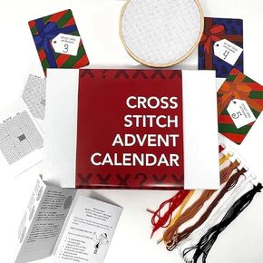 JALZEMPL Cross Stitch Advent Calendar 2024 Embroidery Christmas Ornaments Kit DIY Needlepoint Cross Stitch Craft Supplies 24 Days Countdown Advent Calendar Christmas Decoration Gift (01 Red)
