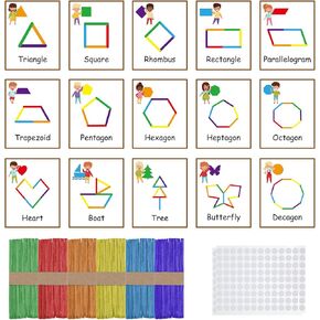 252 Pcs Wooden Sticks Shapes Activity Game Basic Shapes Cards Kit Include 15 Shape Learning Flash Cards 120 Multi Purpose Wooden Sticks 117 White Hook and Loop Strips Educational Learning Toy