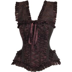Daisy corsets Womens Top Drawer Brown Swirl Brocade & Lace Steel Boned Corset W/Cap Sleeves