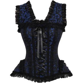 Daisy corsets Womens Top Drawer Blue/Black Swirl Brocade & Lace Steel Boned Corset W/Cap Sleeves