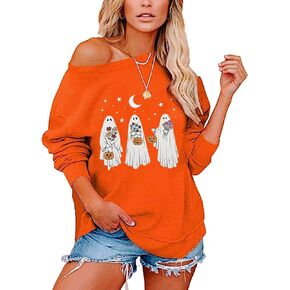 Womens Holiday Off the Shoulder Long Sleeve Loose Slouchy Sweatshirt Pullover Letter Printed Tops