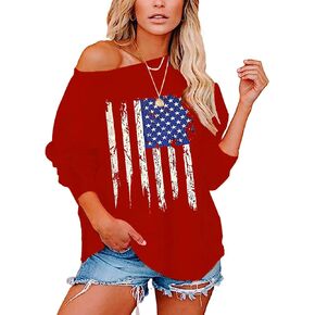 Womens Holiday Off the Shoulder Long Sleeve Loose Slouchy Sweatshirt Pullover Letter Printed Tops