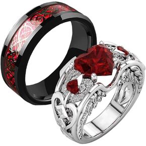 Forever Love Heart Shaped Ring Set for Her and Him Red Celtic Dragon Ring Matching Couple Rings for Wedding Bands Anniversary Engagement Promise Rings Bridal Sets