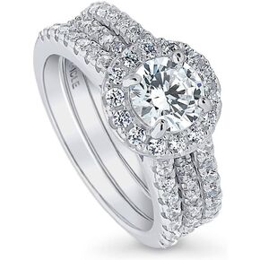 BERRICLE Sterling Silver Halo Wedding Engagement Rings Round Cubic Zirconia CZ Insert Ring Set for Women, Rhodium Plated Size 4-10