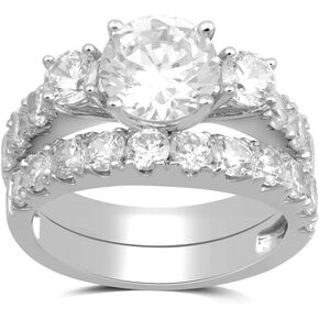 Jewelili Sterling Silver 8 MM and 4 MM Round Cubic Zirconia 3-Stone Bridal Ring Set