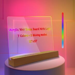 Wireless Acrylic Dry Erase White Board with Light,12 x 10" Light up Clear Desktop Whiteboard with Stand,Glowing Acrylic Message Board with 24 Keys Ir Remote Controller and 12 Liquid Chalks for Office