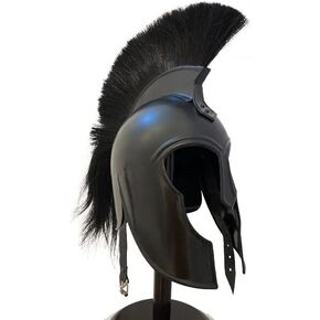 AnNafi® Achilles Troy Helmet Fabled Greek Warrior Helm (Steel) | Medieval Knight Armor Costume | Metal Replicas LARP Reenactment Helm Armour SCA Replica Costumes Men | Black Helmet with Black Plume
