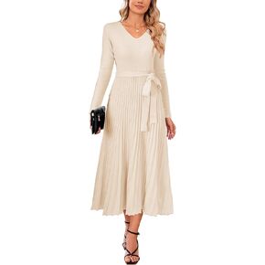 Arach&Cloz 2024 Fall Wool Blended Womens Long Sleeve V Neck Tie Waist Pleated A Line Ribbed Knit Pullover Midi Sweater Dress