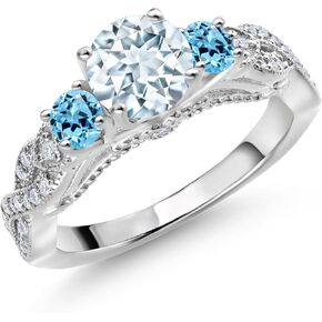 Gem Stone King 925 Sterling Silver Sky Blue Aquamarine Swiss Blue Topaz and White Moissanite Engagement Ring For Women (1.32 Cttw, Gemstone March Birthstone, Round 6MM and 3MM)