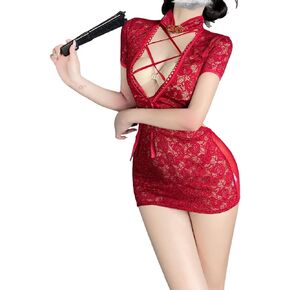 Women's Sexy Cosplay Perspective Mesh Cheongsam Chinese Fashion Tight Retro Dress