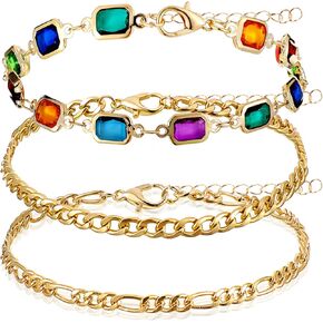 14k Gold Anklets for Women Beach, 3 Layered Cuban Link Ankle Bracelet Beaded Herringbone Anklet Stacks, Dainty Gold Plated Anklets Rainbow Anklet Jewelry for Women Boho Summer Gifts in Saudi Arabia