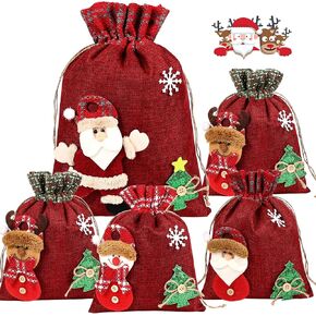 GINOYA Christmas Gift Doll Bags, 4pcs Santa Sack Drawstring Apple Bags with 3D Santa Snowman Reindeer Bear for Xmas Holiday Present