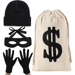 4 Pieces Robber Costume Set for Halloween Cosplay Burglar Pirate Thief Theme Party, Include Canvas Dollar Sign Money Bags Bandit Eye Mask Knit Beanie Hat for Halloween Bank Robber Cosplay
