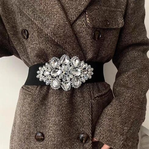 Elastic Rhinestone Belts for Women-Crystal Wide Stretchy Belts for Dress, Cinturones para Mujer, Black in Saudi Arabia