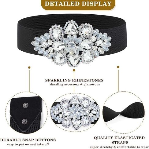 Elastic Rhinestone Belts for Women-Crystal Wide Stretchy Belts for Dress, Cinturones para Mujer, Black in Saudi Arabia
