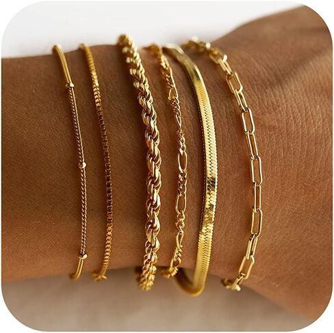 Gold Bracelets for Women Waterproof, 14K Real Gold Jewelry Sets for Women Trendy Thin Dainty Stackable Cuban Link Paperclip Chain Bracelet Pack Fashion Accessories Gifts for Womens ﻿ in Saudi Arabia