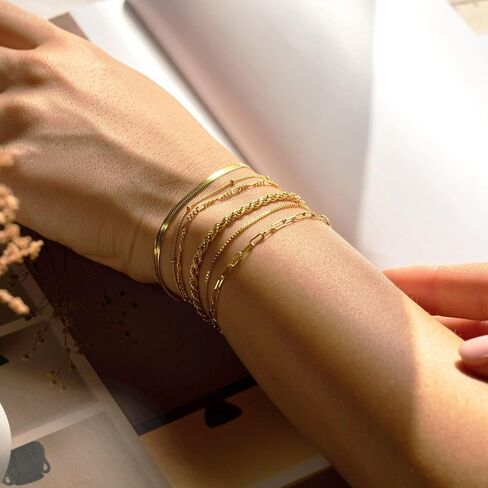Gold Bracelets for Women Waterproof, 14K Real Gold Jewelry Sets for Women Trendy Thin Dainty Stackable Cuban Link Paperclip Chain Bracelet Pack Fashion Accessories Gifts for Womens ﻿ in Saudi Arabia