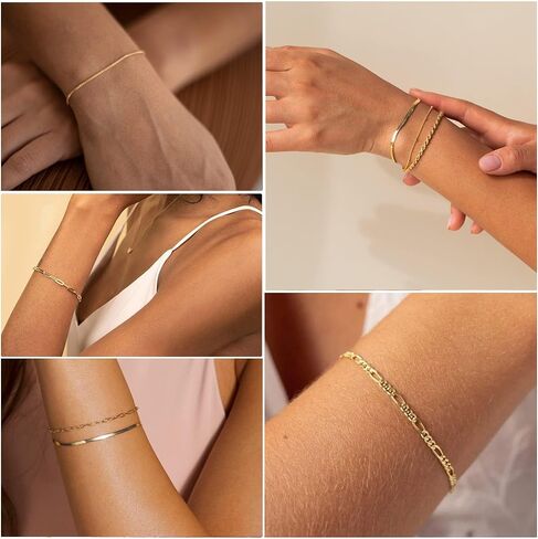Gold Bracelets for Women Waterproof, 14K Real Gold Jewelry Sets for Women Trendy Thin Dainty Stackable Cuban Link Paperclip Chain Bracelet Pack Fashion Accessories Gifts for Womens ﻿ in Saudi Arabia