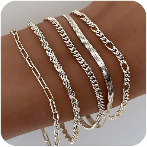 Gold Bracelets for Women Waterproof, 14K Real Gold Jewelry Sets for Women Trendy Thin Dainty Stackable Cuban Link Paperclip Chain Bracelet Pack Fashion Accessories Gifts for Womens ﻿ in Saudi Arabia