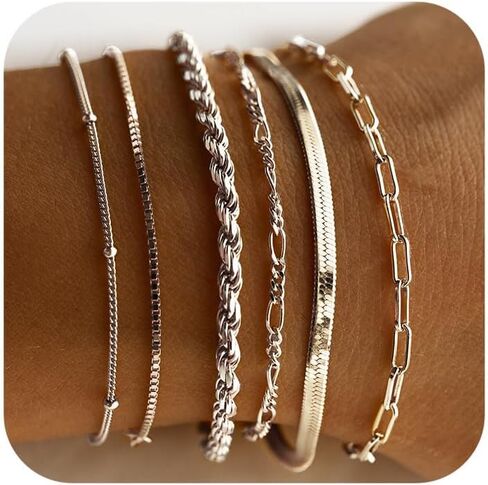 Gold Bracelets for Women Waterproof, 14K Real Gold Jewelry Sets for Women Trendy Thin Dainty Stackable Cuban Link Paperclip Chain Bracelet Pack Fashion Accessories Gifts for Womens ﻿ in Saudi Arabia