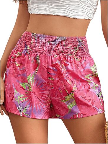 SOLY HUX Women's Tropical Print Elastic High Waisted Shorts Casual Summer Wide Straight Leg Shorts in Saudi Arabia