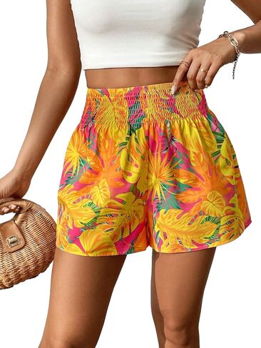 SOLY HUX Women's Tropical Print Elastic High Waisted Shorts Casual Summer Wide Straight Leg Shorts in Saudi Arabia