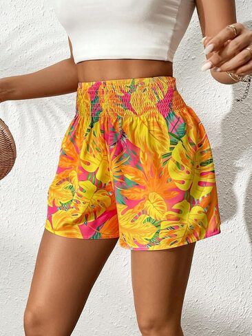 SOLY HUX Women's Tropical Print Elastic High Waisted Shorts Casual Summer Wide Straight Leg Shorts in Saudi Arabia
