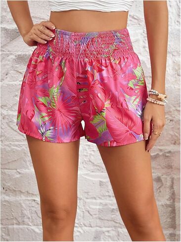 SOLY HUX Women's Tropical Print Elastic High Waisted Shorts Casual Summer Wide Straight Leg Shorts in Saudi Arabia